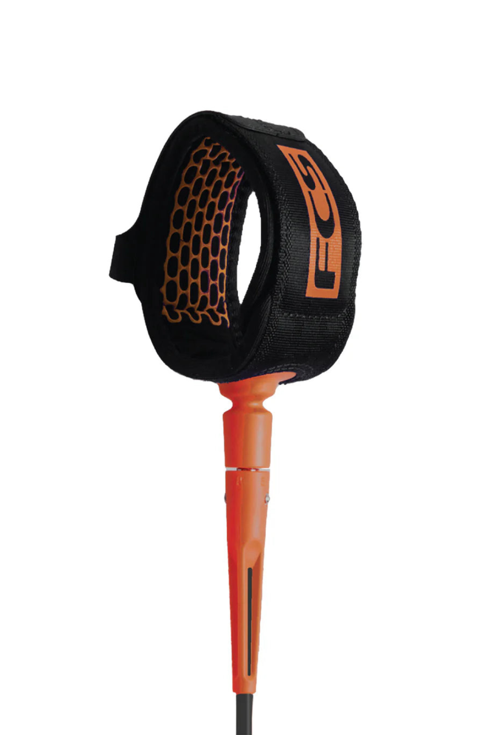Black and orange surfboard leash on a white background