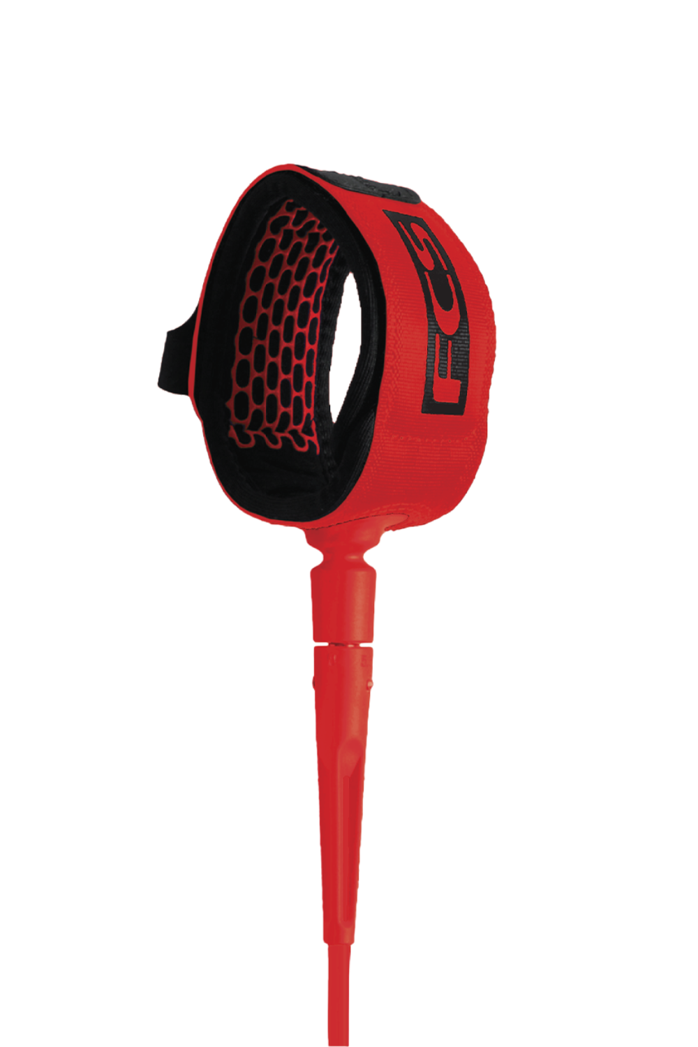 Red and black surfboard leash on a white background