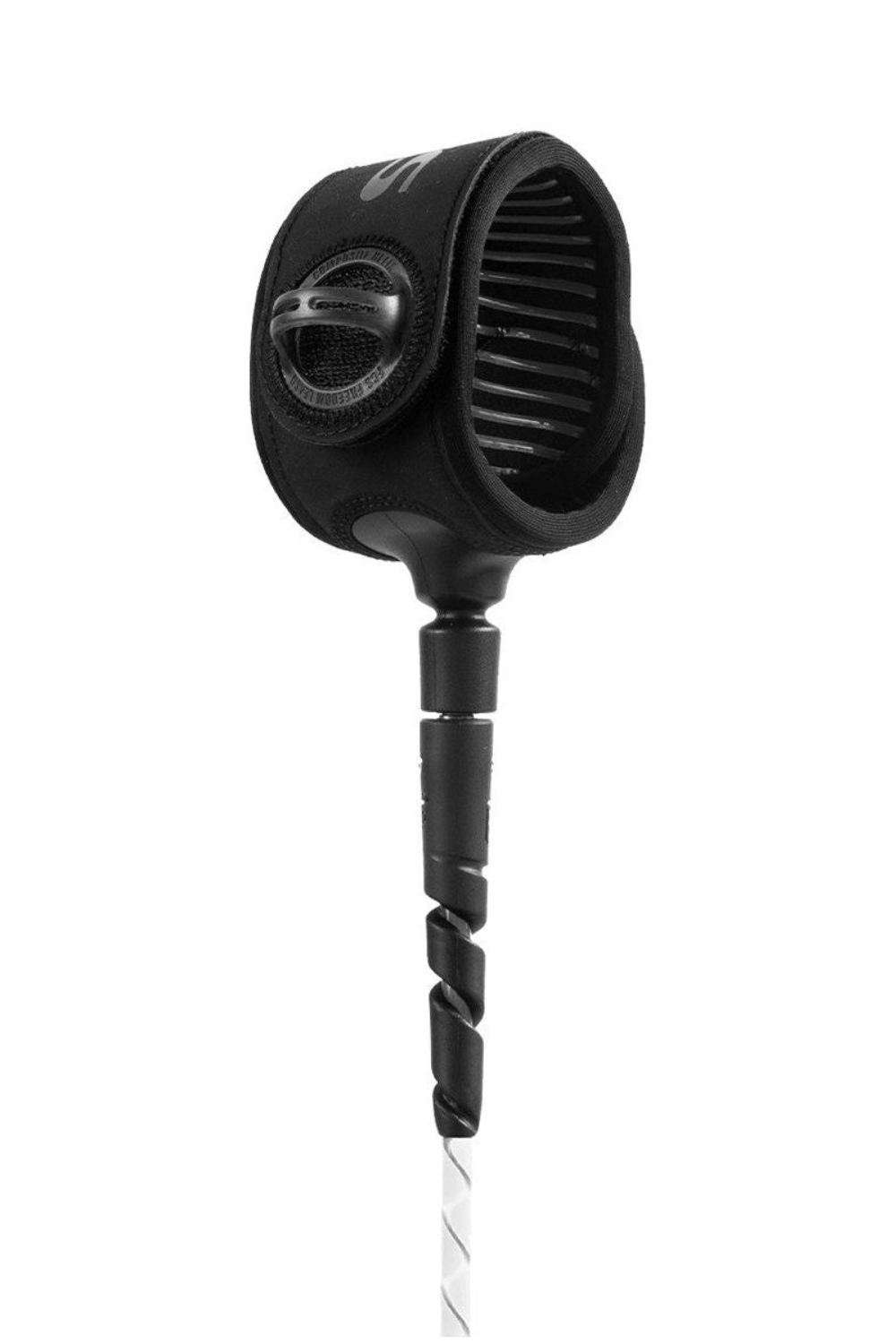 A white surfboard leash shown against a plain white background.