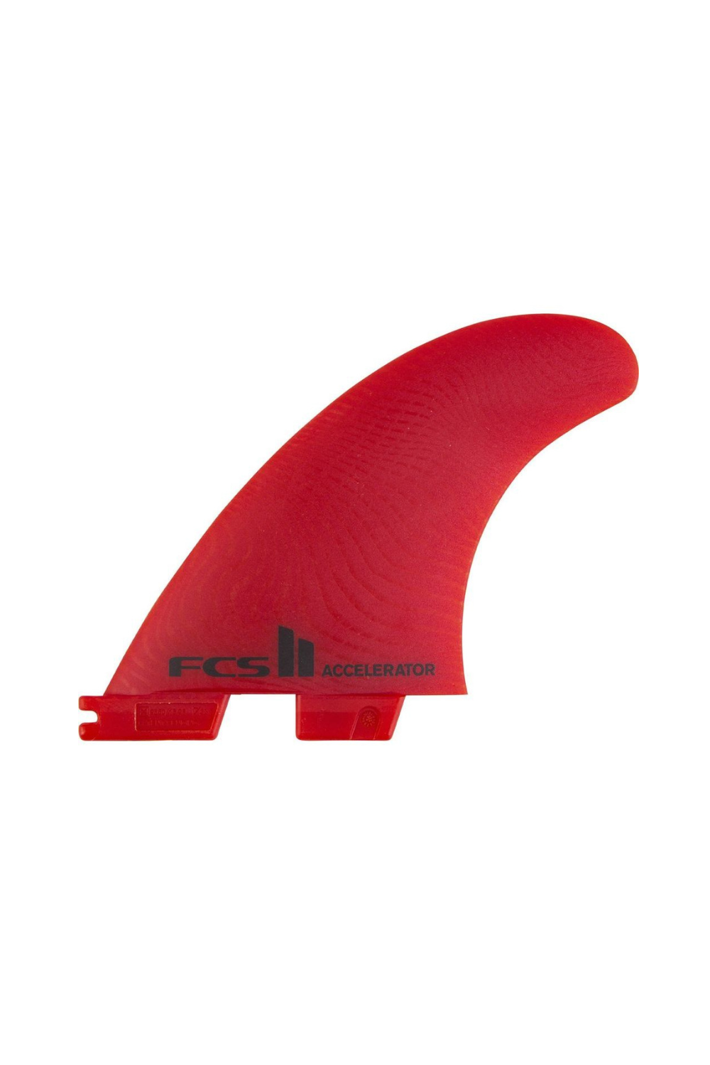 Red surfboard fin with FCS branding on a white background