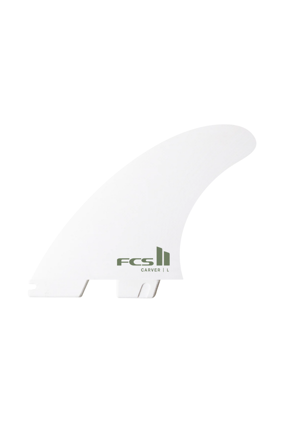 White surf fin with FCS logo on a white background