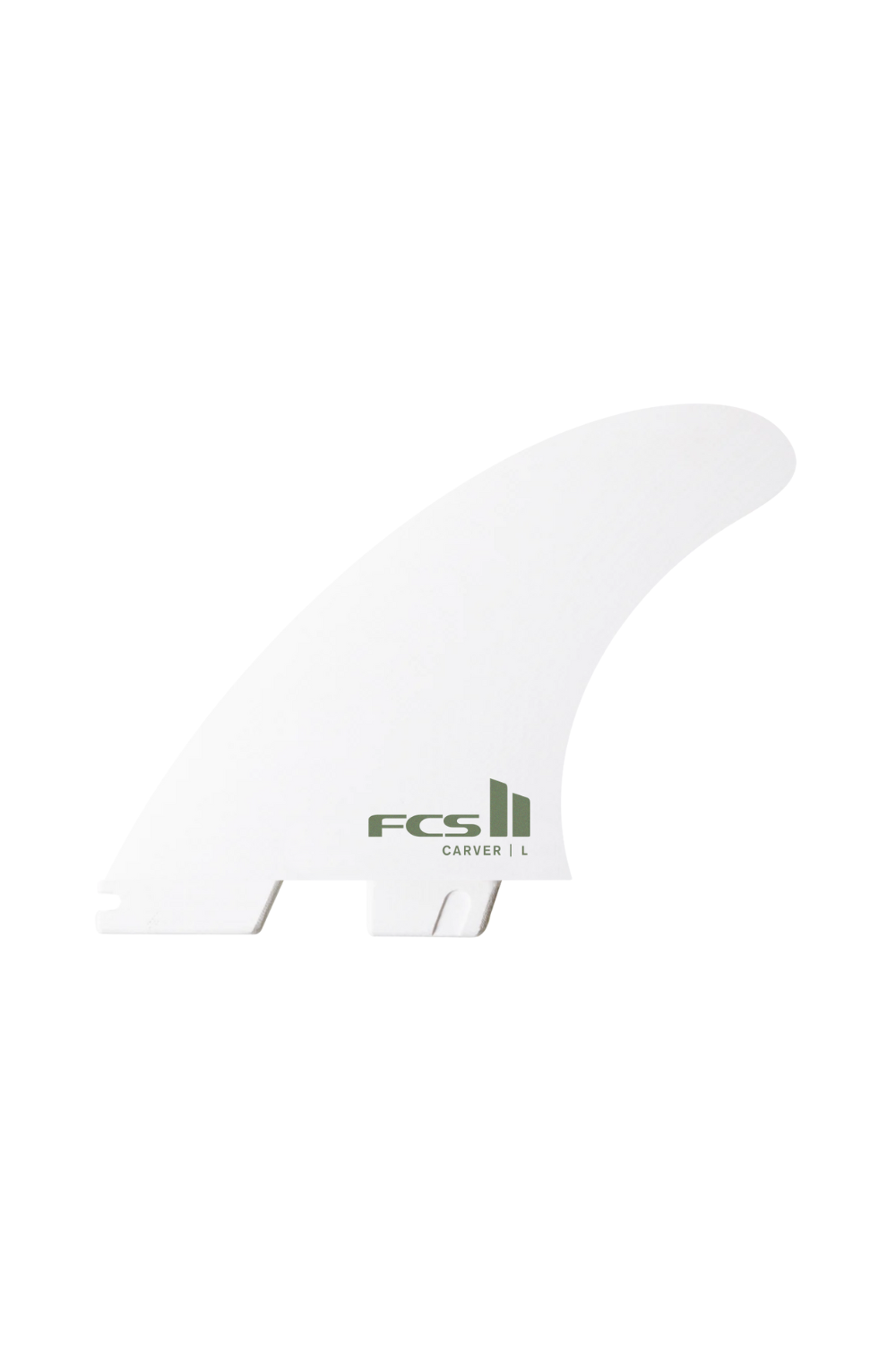 White carver surfboard fin with green FCS logo