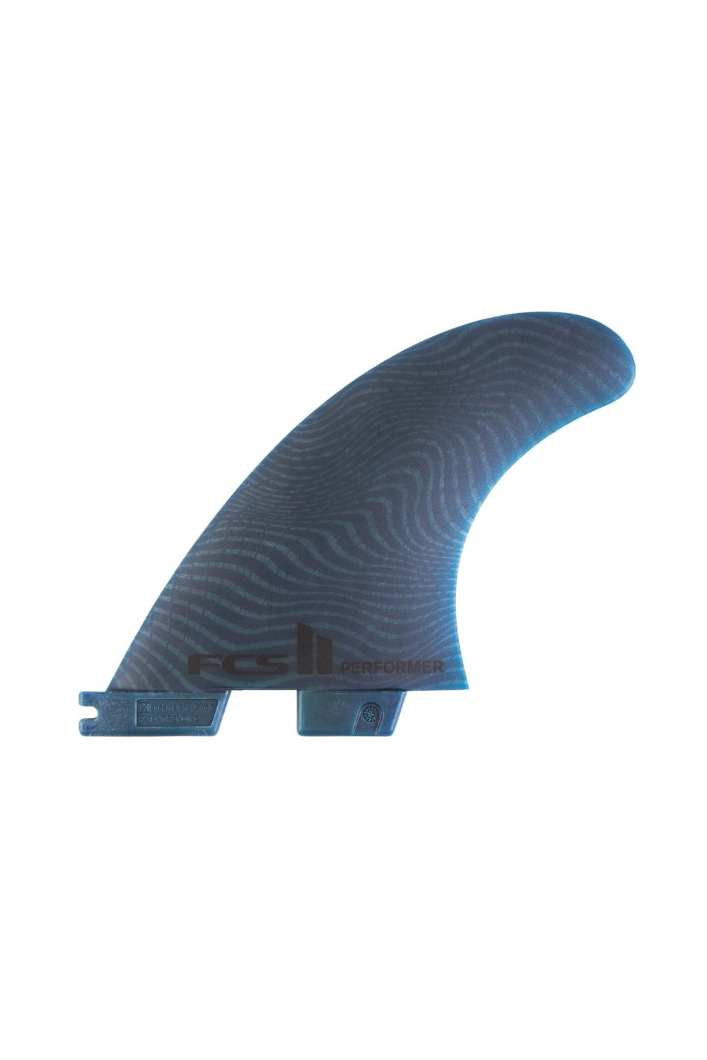 Blue surfboard fin with FCS branding