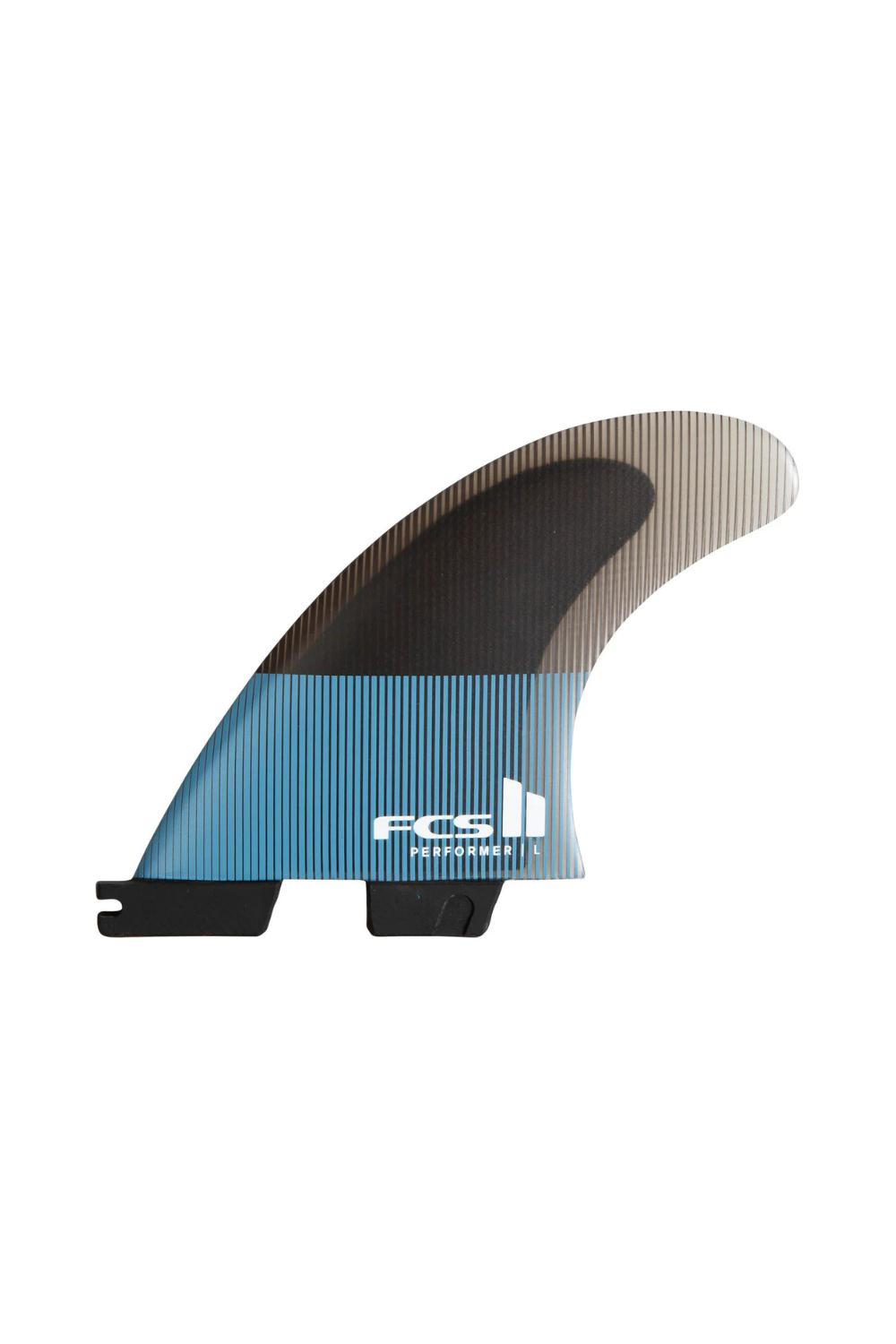 Black and blue FCS surfboard fin