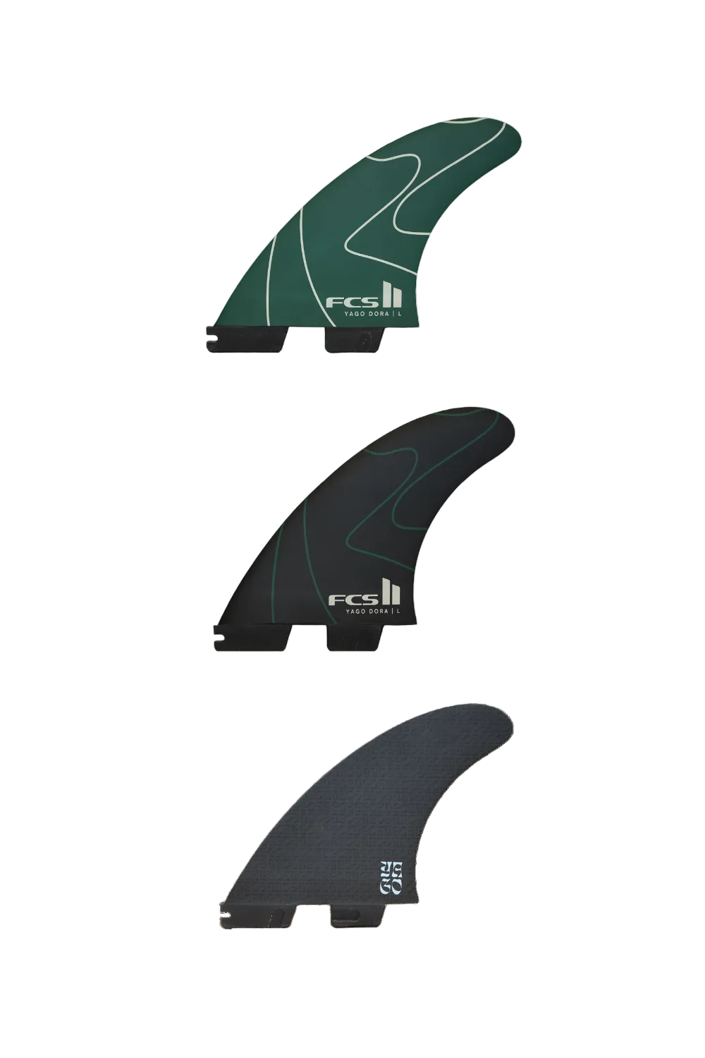 Front, back and middle FCS II Yago Dora Surfboard Fins in Green/Black