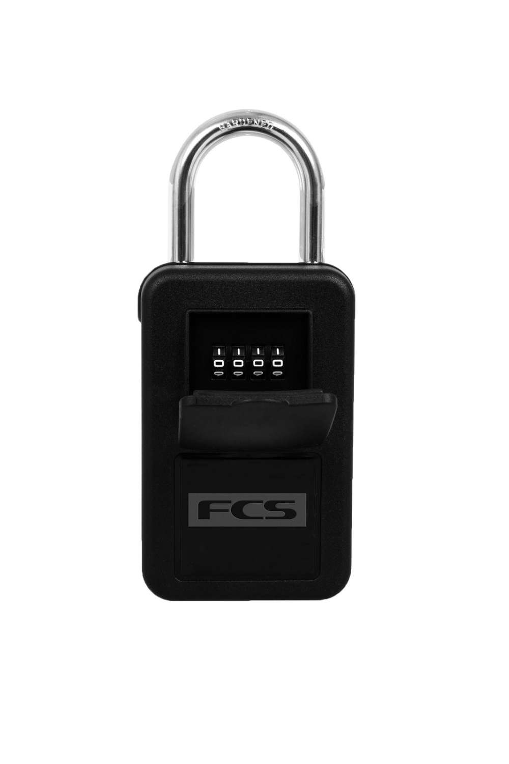 Black FCS key lock box with digital display on a white background