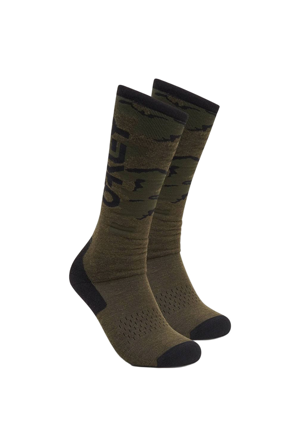 A pair of green camouflage pattern ski socks with the Oakley logo visible on the calf area.