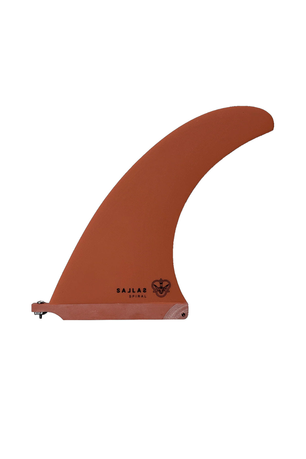 A single curved surfboard fin blade in a warm terracotta or rust-orange color, shown on a plain white background. The brand name 'SAJLAS' and its logo are printed near the base.