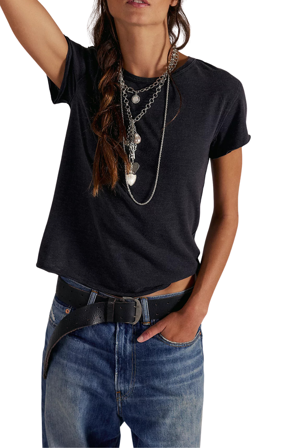 Person wearing a black T-shirt