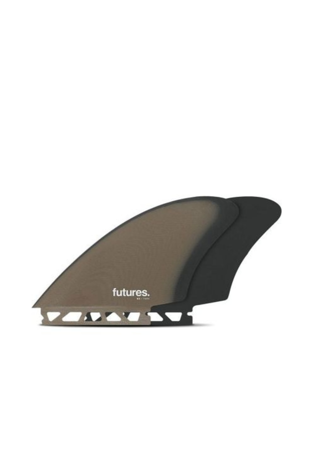 Brown twin surfboard fins with Futures branding