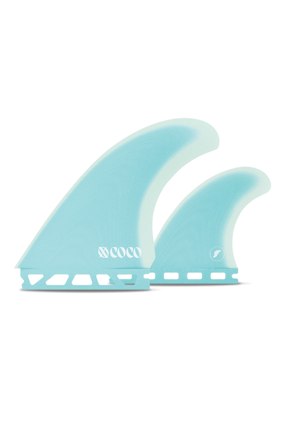 Two light blue surfboard fins with Futures and xo coco logos on a white background .