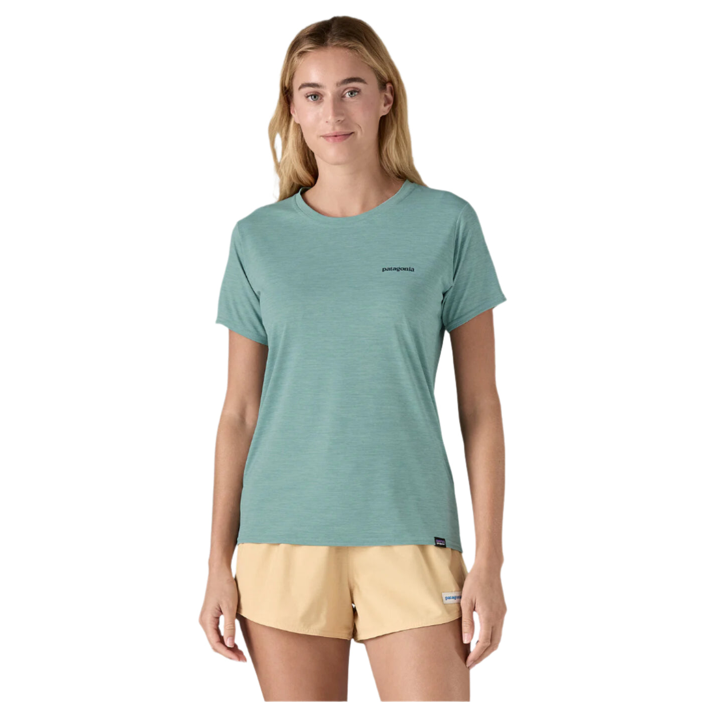 Patagonia Womens Cap Cool Daily Graphic T-Shirt - Waters Boardshort Logo: Thermal Blue X-Dye