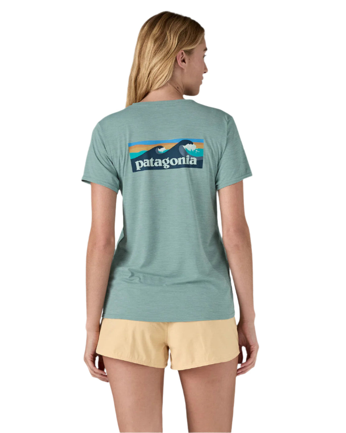 Patagonia Womens Cap Cool Daily Graphic T-Shirt - Waters Boardshort Logo: Thermal Blue X-Dye