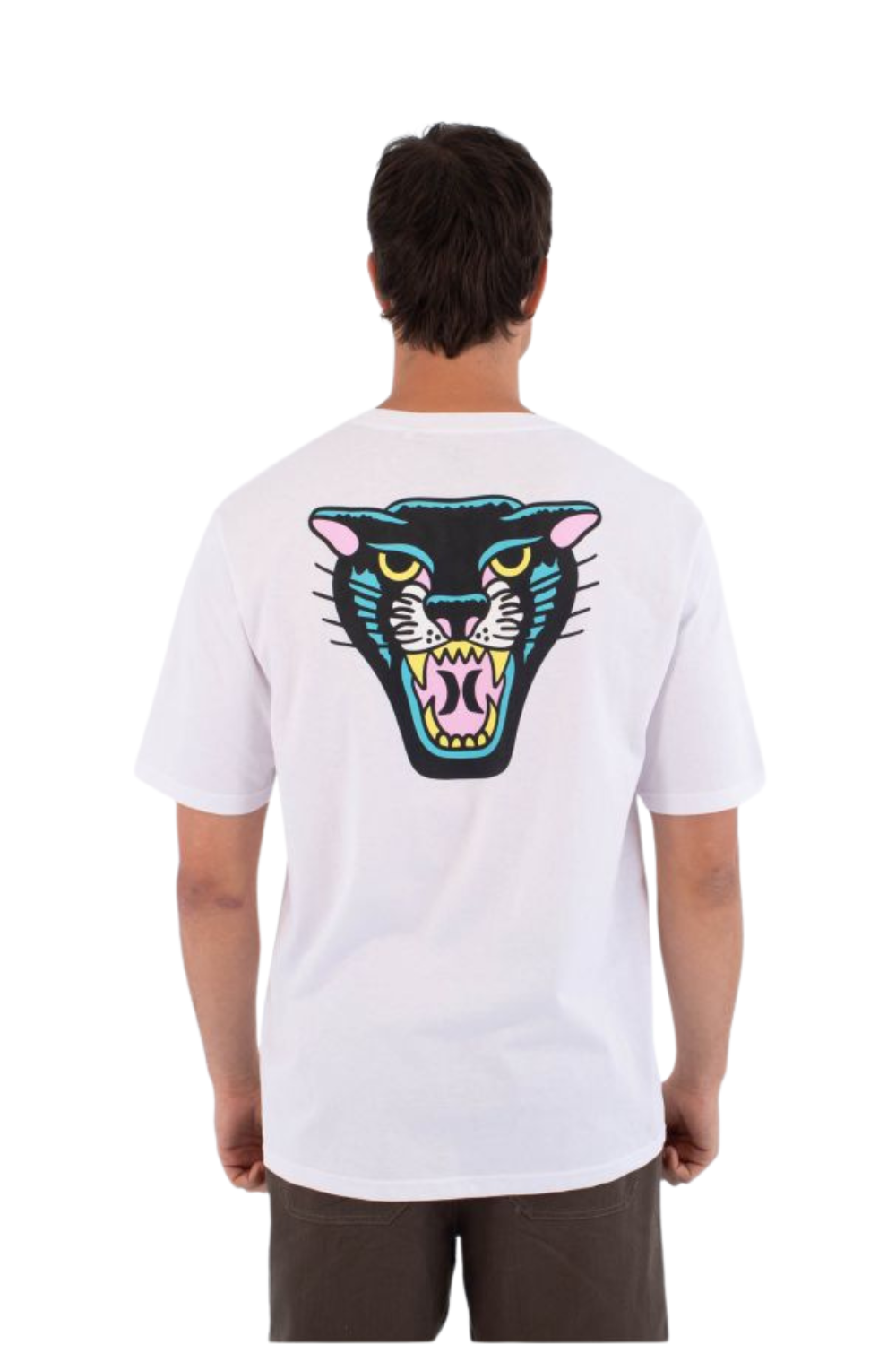 Person wearing a white t-shirt with a colorful panther graphic on the back, standing against a white background.