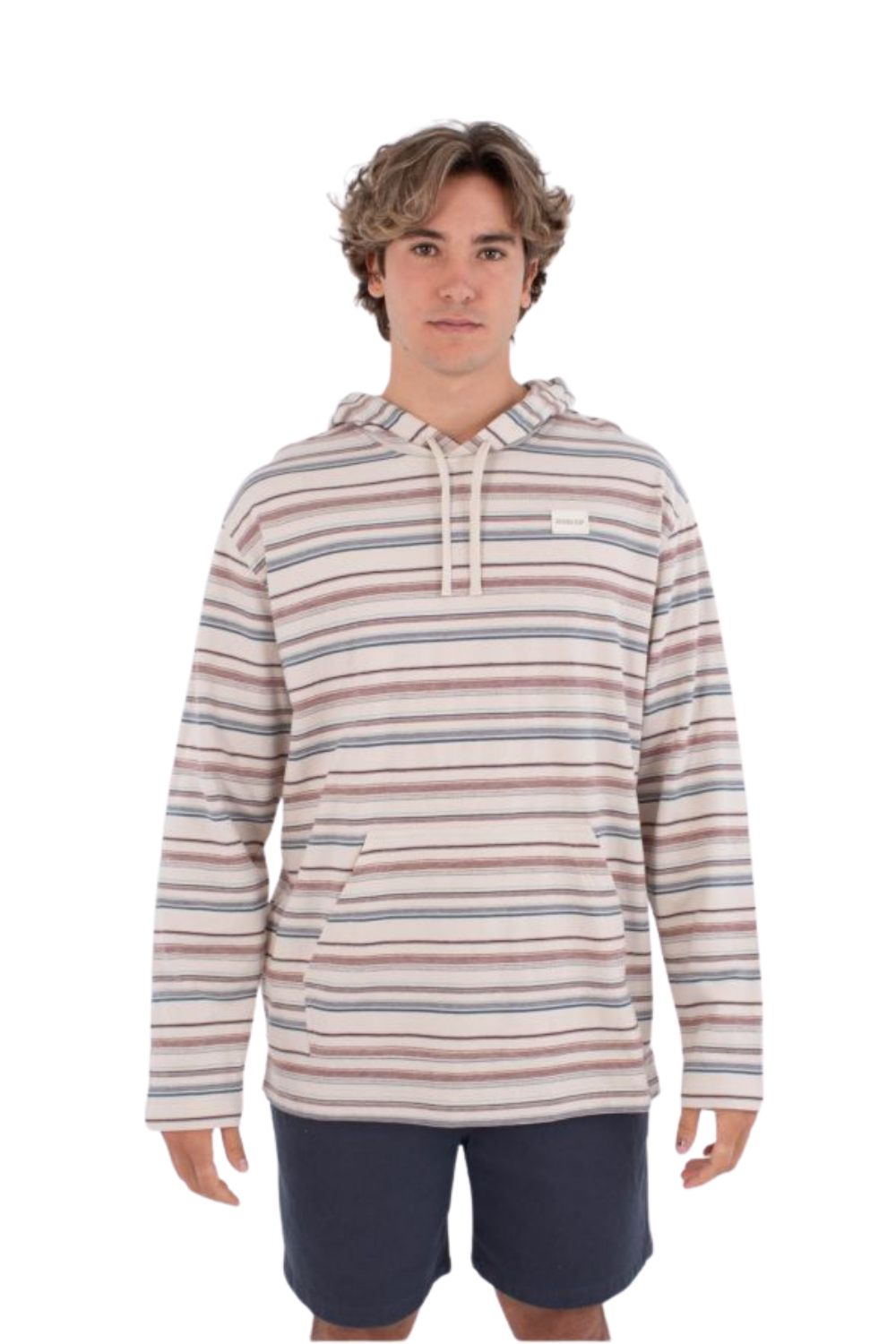 Man wearing a striped hoodie and navy shorts on a white background