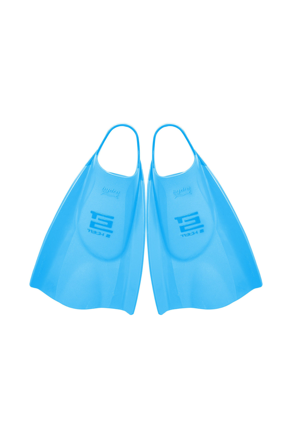 Pair of blue bodyboard swim fins on a white background