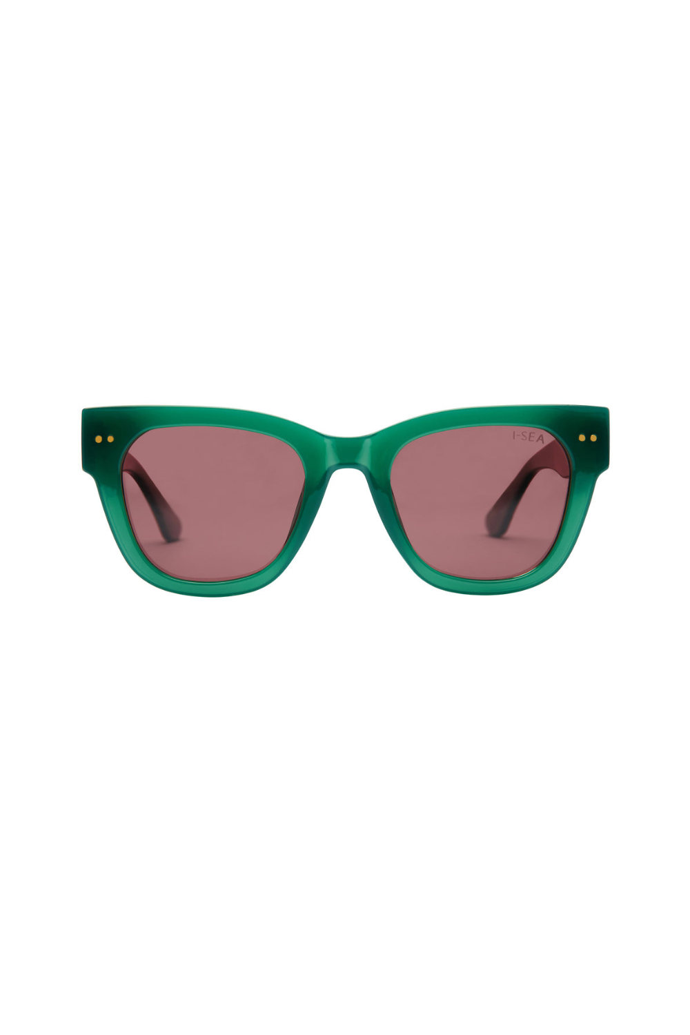 Green sunglasses with pink lenses on a white background