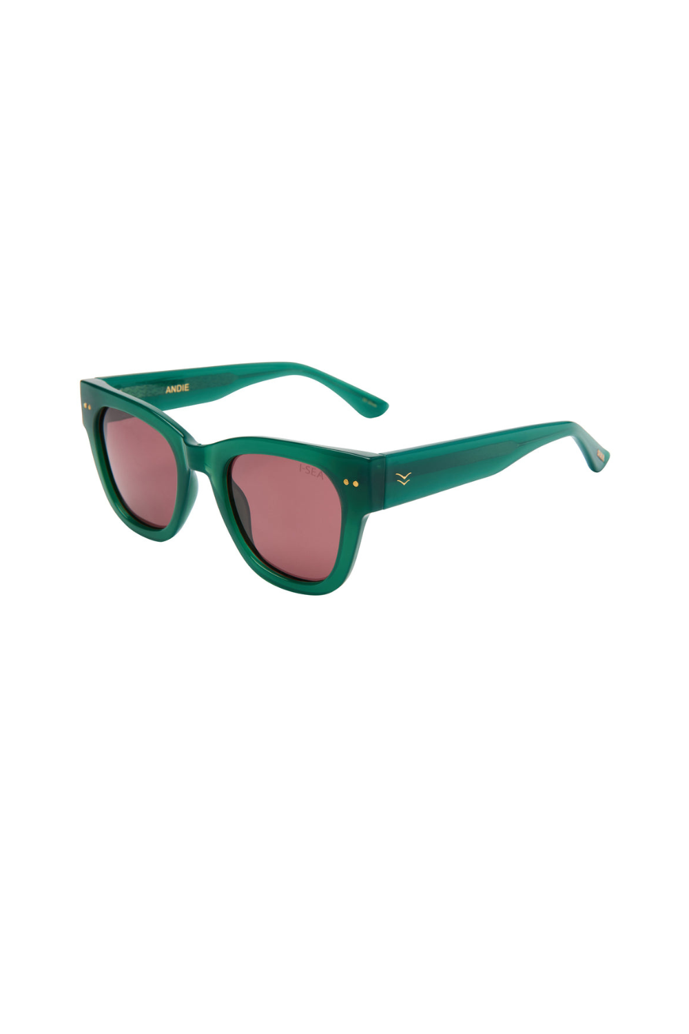 Green sunglasses with pink lenses on a white background