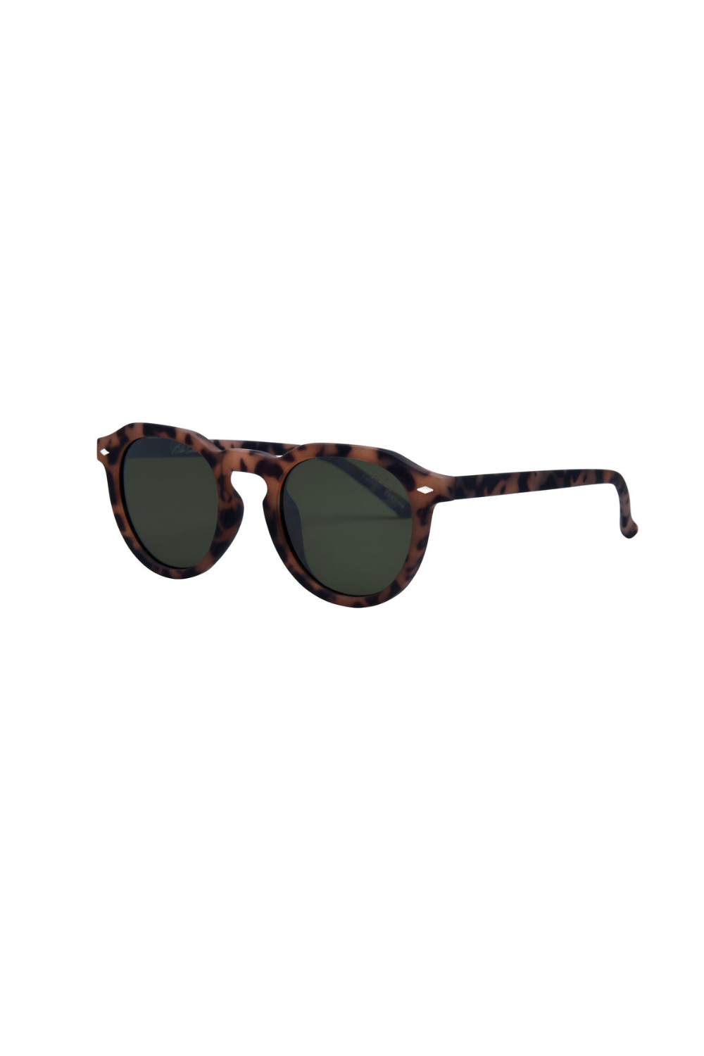 Sunglasses with tortoiseshell frame and dark lenses on a white background