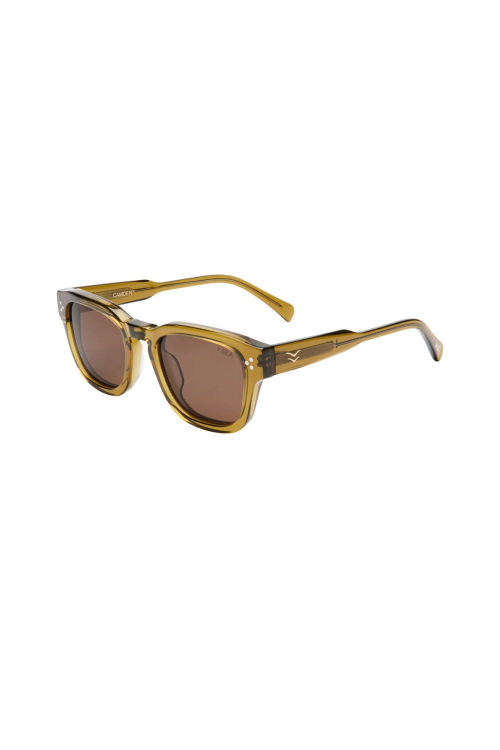 Sunglasses with gold frame and brown lenses on a white background