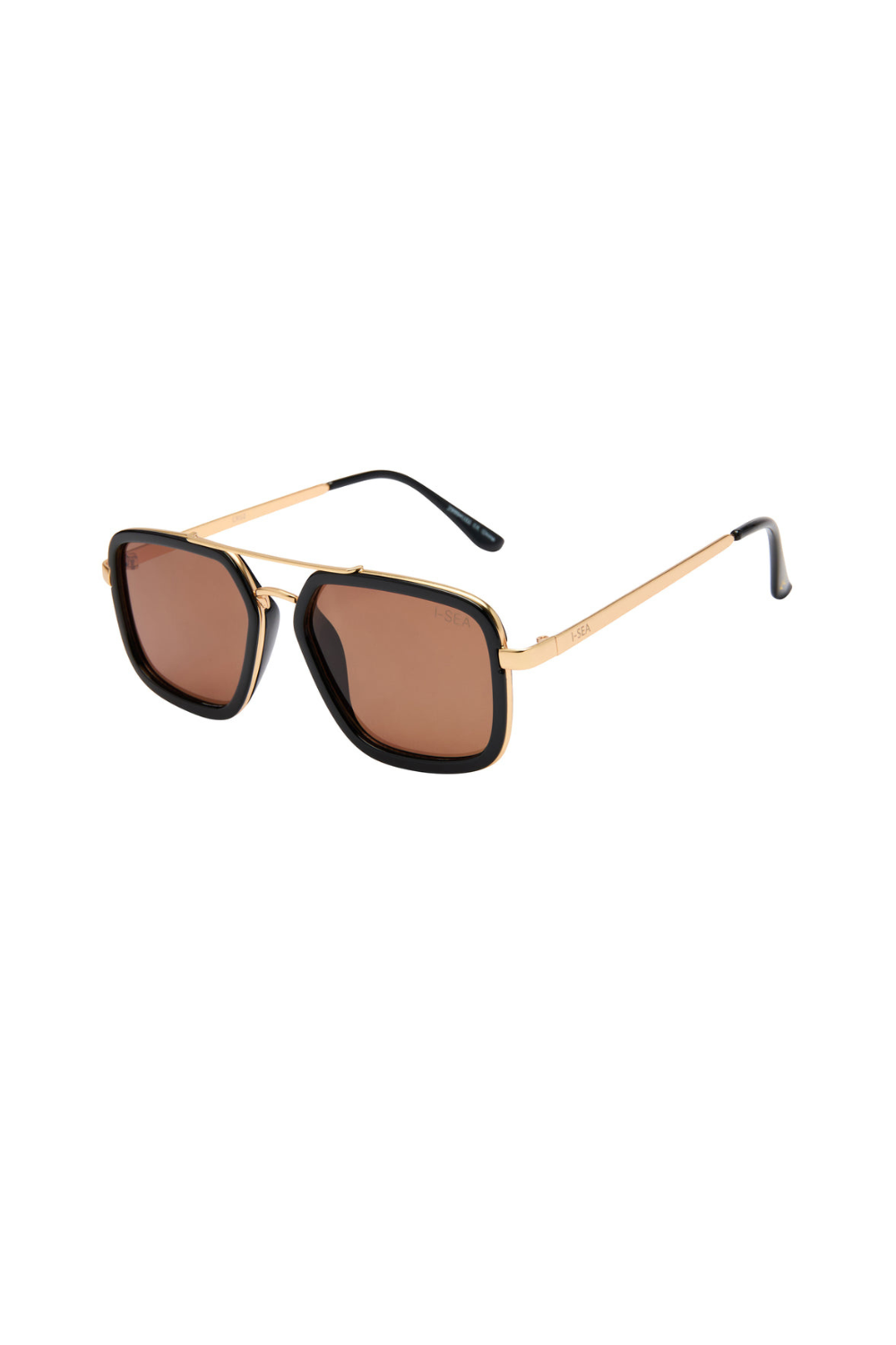 Sunglasses with black and gold frame and brown lenses on a white background