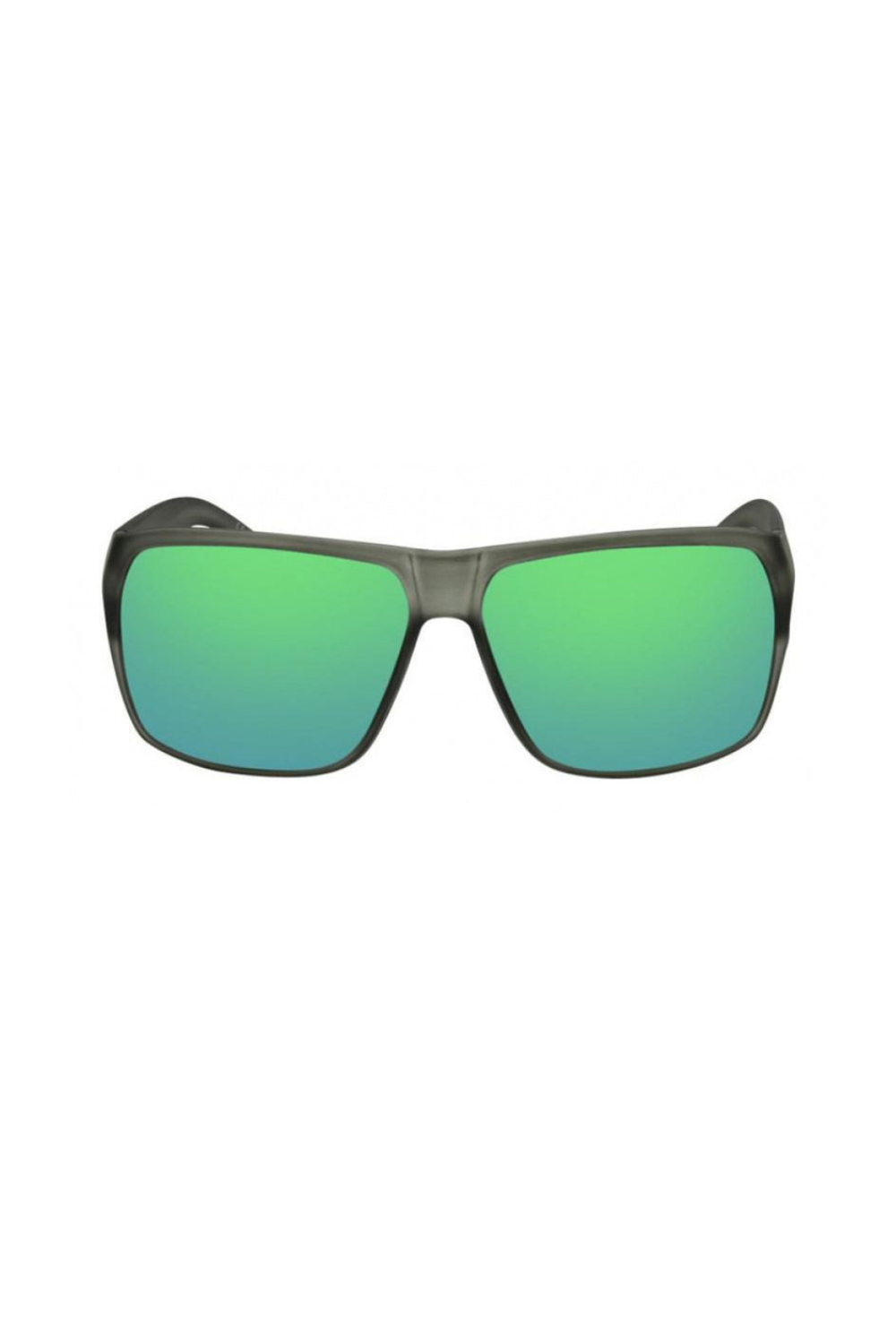 Black sunglasses with green reflective lenses on a white background