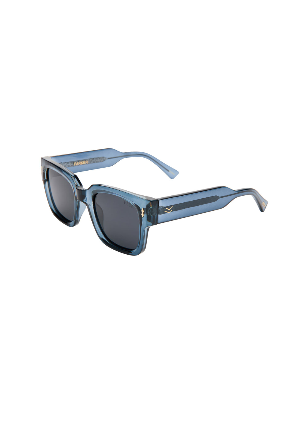 Blue sunglasses with a white background