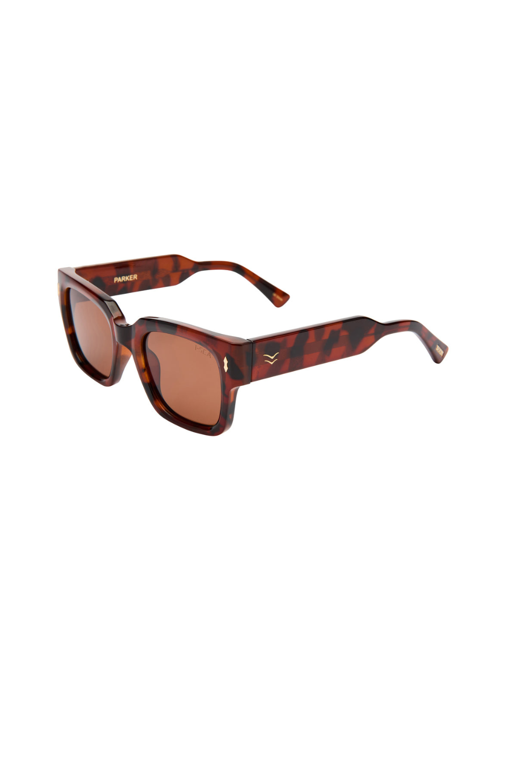 Sunglasses with tortoiseshell frame and brown lenses on a white background