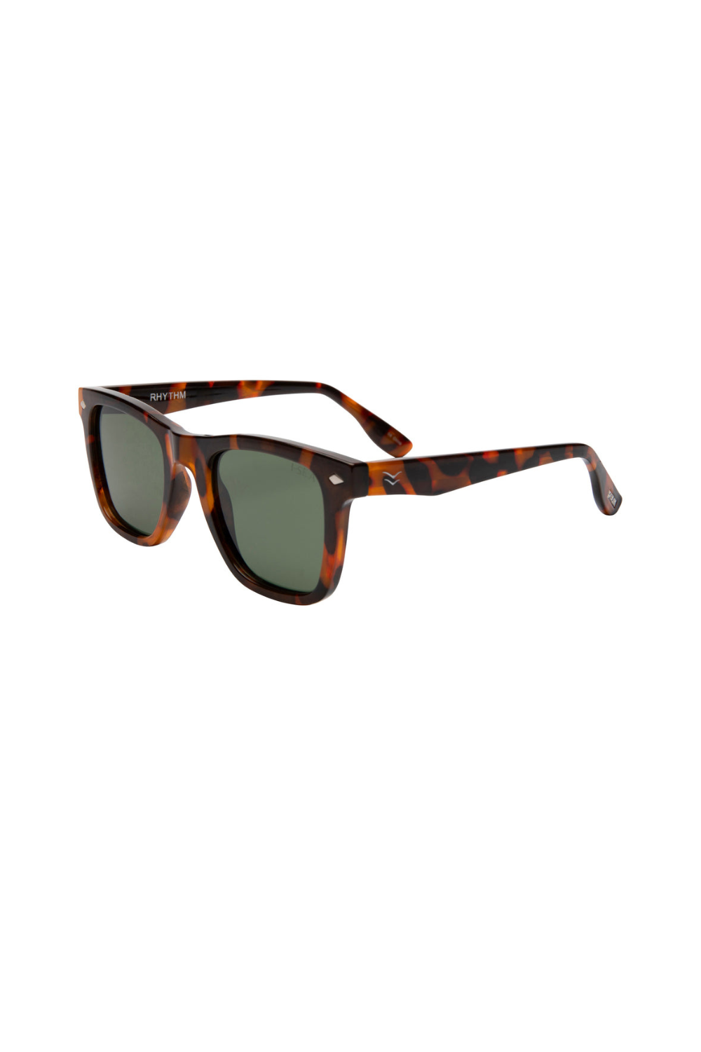 Sunglasses with tortoiseshell frame and dark lenses on a white background