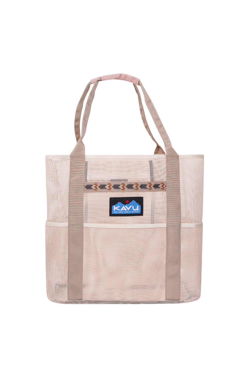 Beige tote bag with a visible brand logo on a white background