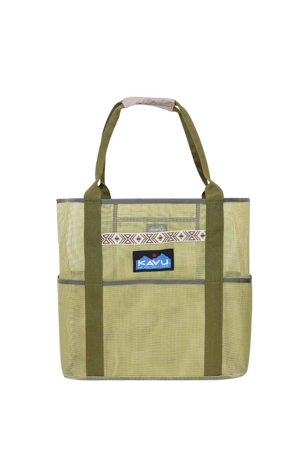 Green tote bag with a visible brand logo on a white background