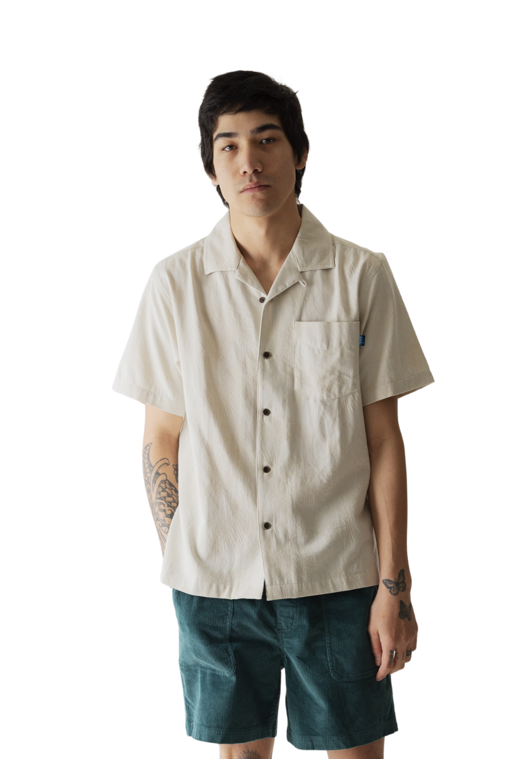 Man wearing a beige short-sleeve shirt and green shorts on a white background