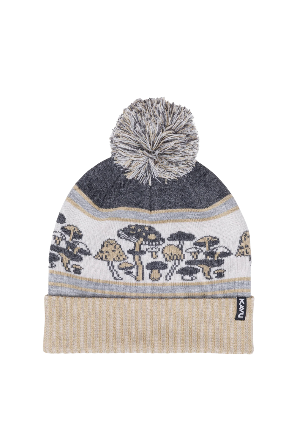 A knit pom-pom beanie hat featuring a gray top section, a cream middle section with a pixelated mushroom pattern, and a beige ribbed cuff. A small black brand tag on the cuff reads KAVU.
