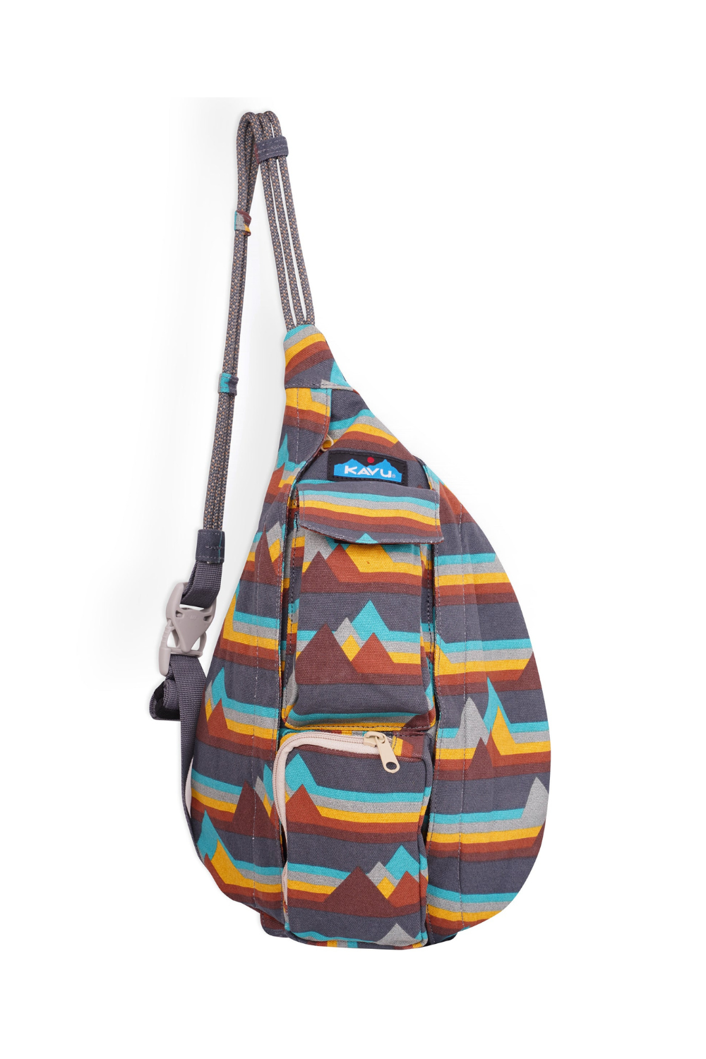 A Kavu mountain-patterned sling backpack with a gray adjustable shoulder strap, shown against a plain white background.