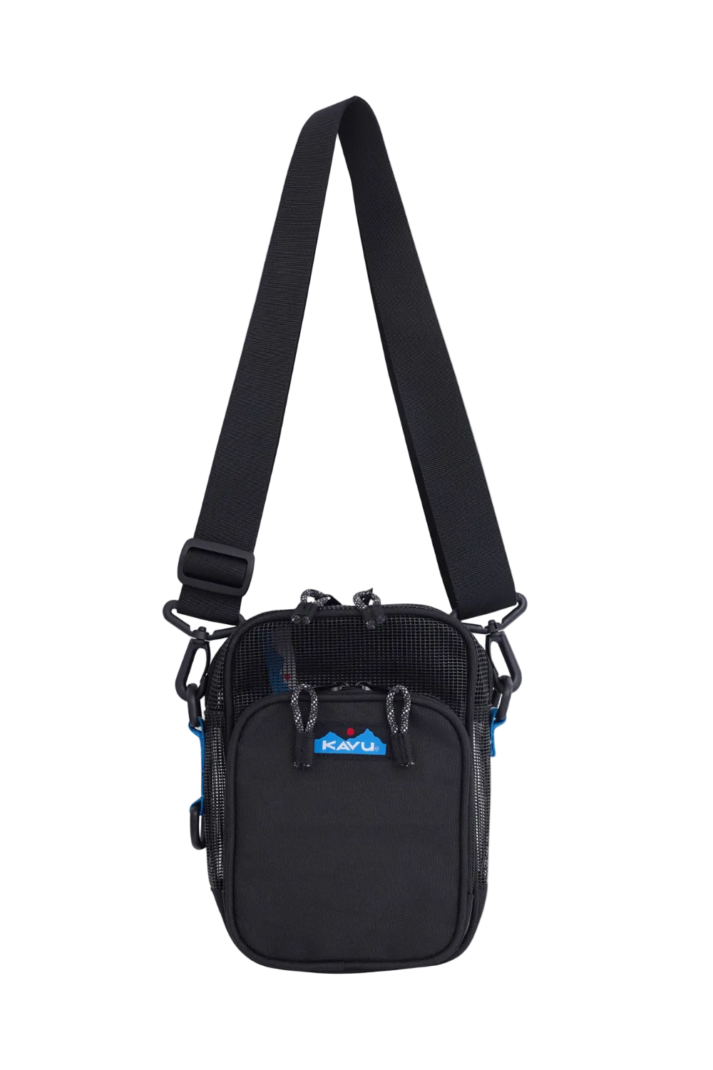 Black crossbody bag with a visible brand logo on a white background