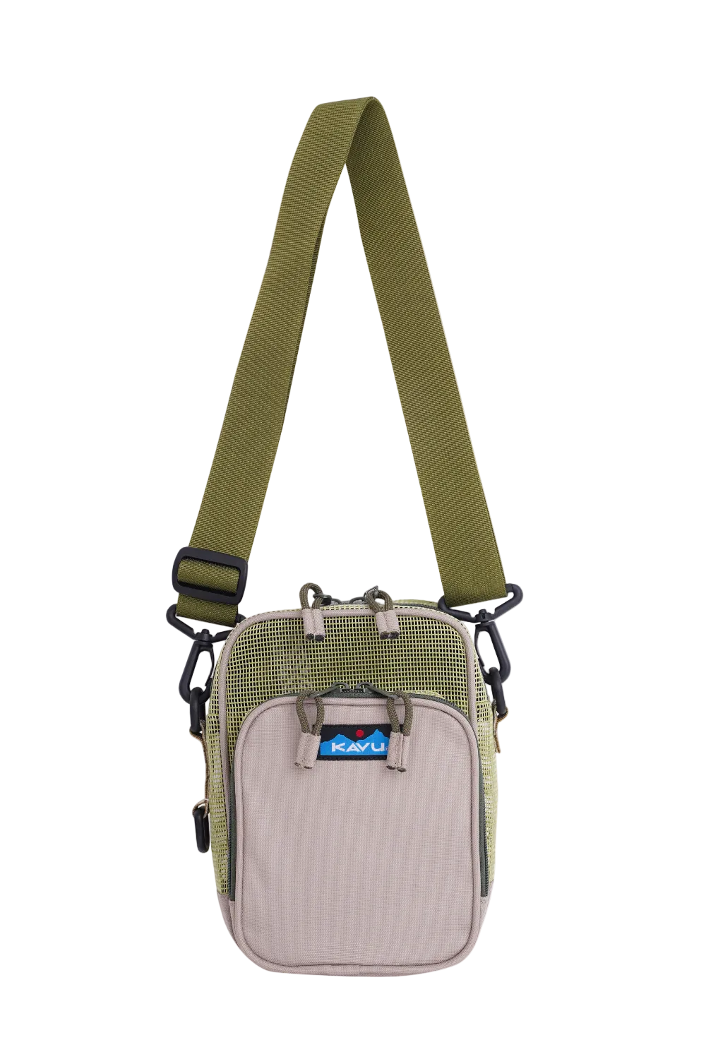 Small crossbody bag with a green strap on a white background