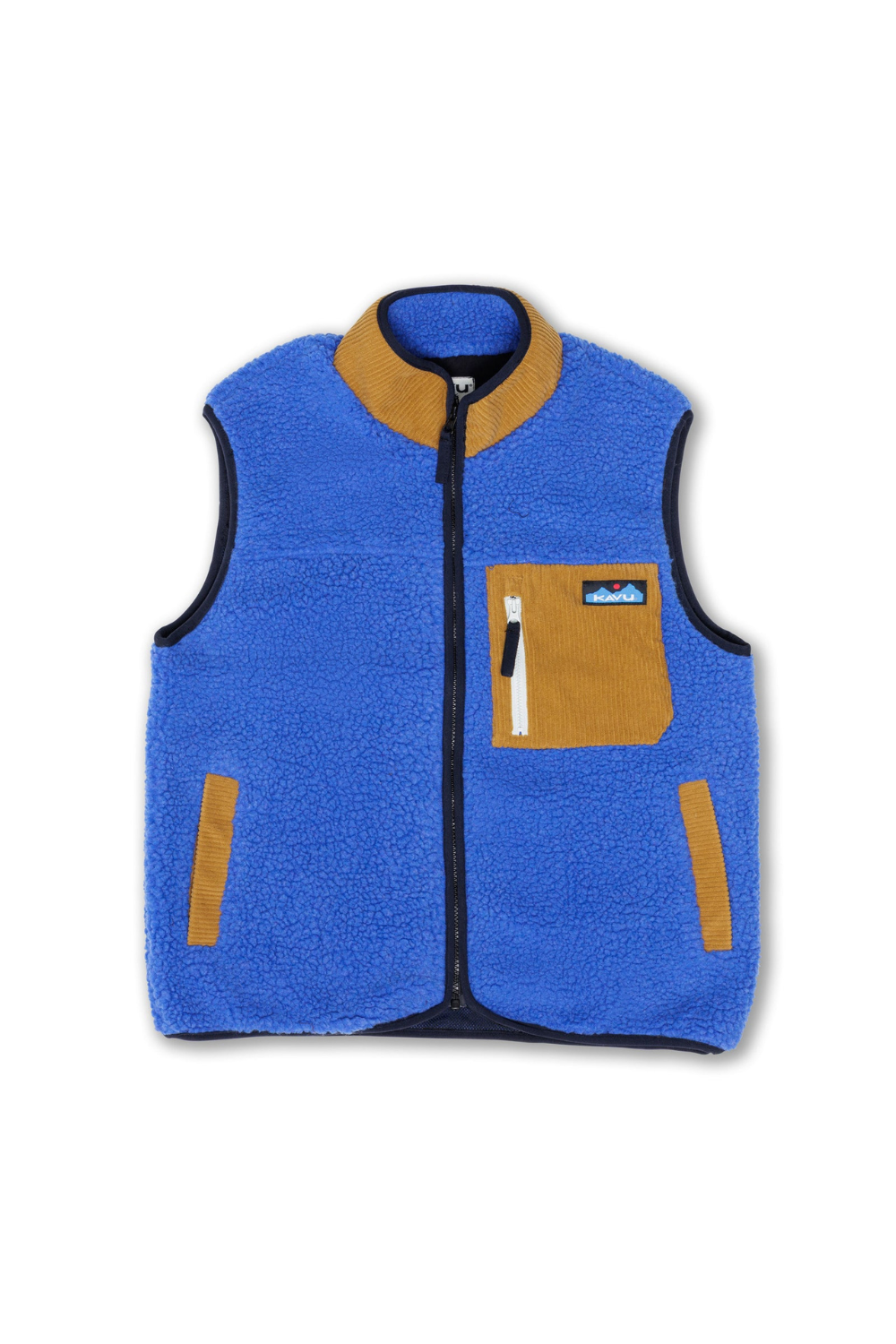 Blue Kavu fleece vest with brown accents on a white background
