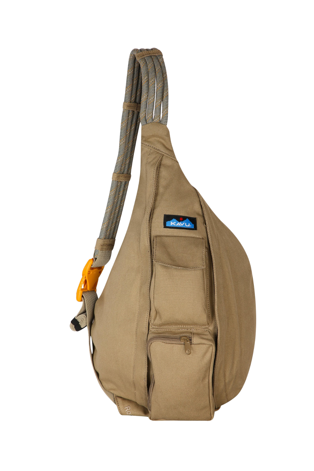 Tan sling bag with a visible brand logo on a white background