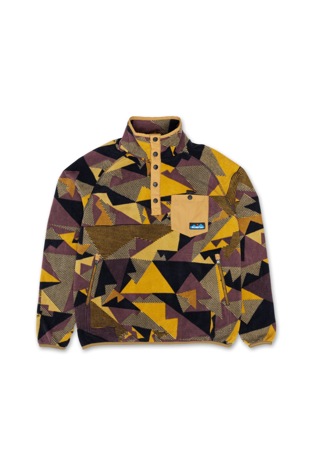 A Kavu snap pullover fleece featuring a bold geometric triangle pattern in mustard yellow, brown, and dark purple, displayed against a solid white background.
