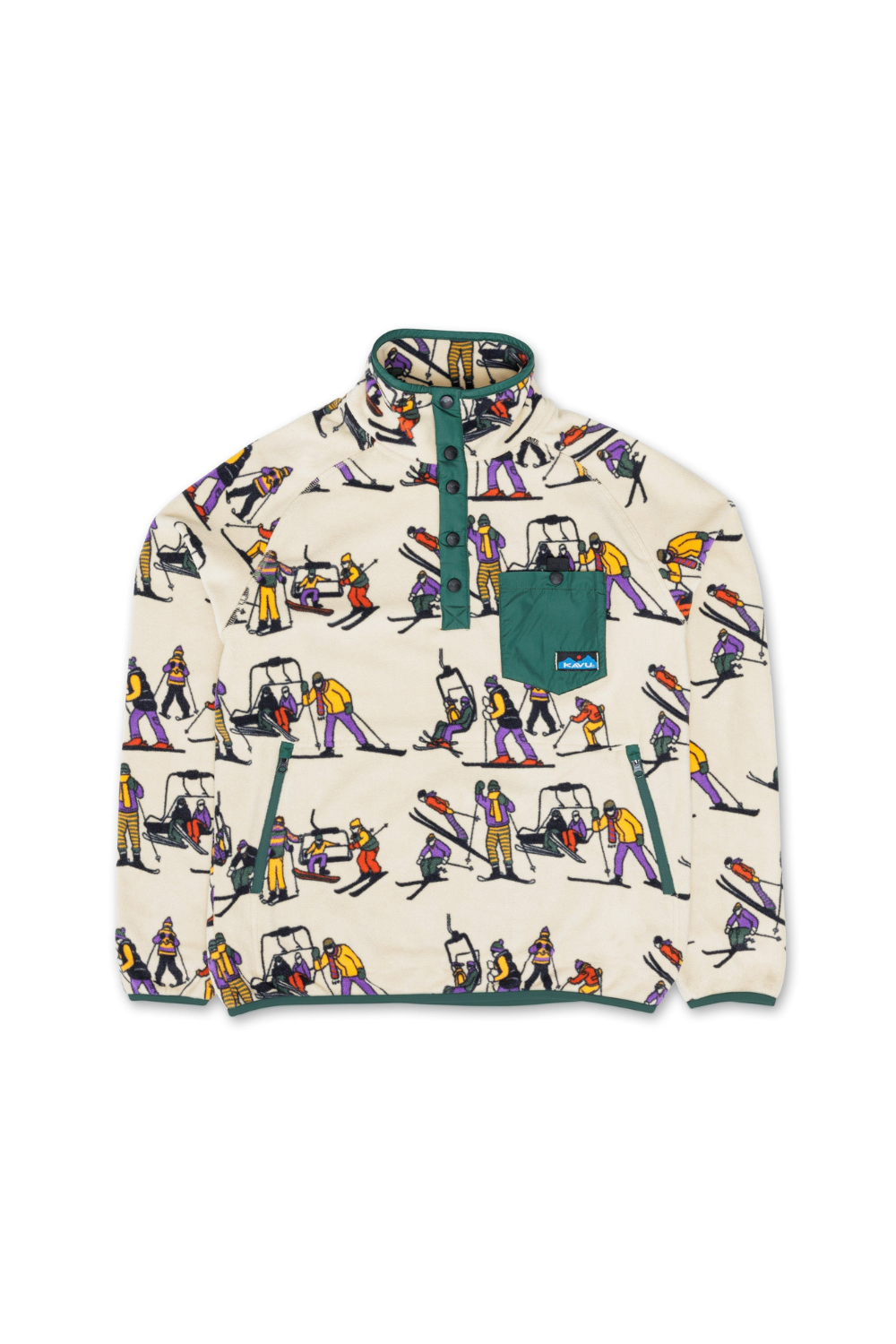 An off-white Kavu snap pullover fleece featuring an all-over graphic print of skiers in various colours, with a solid green pocket.