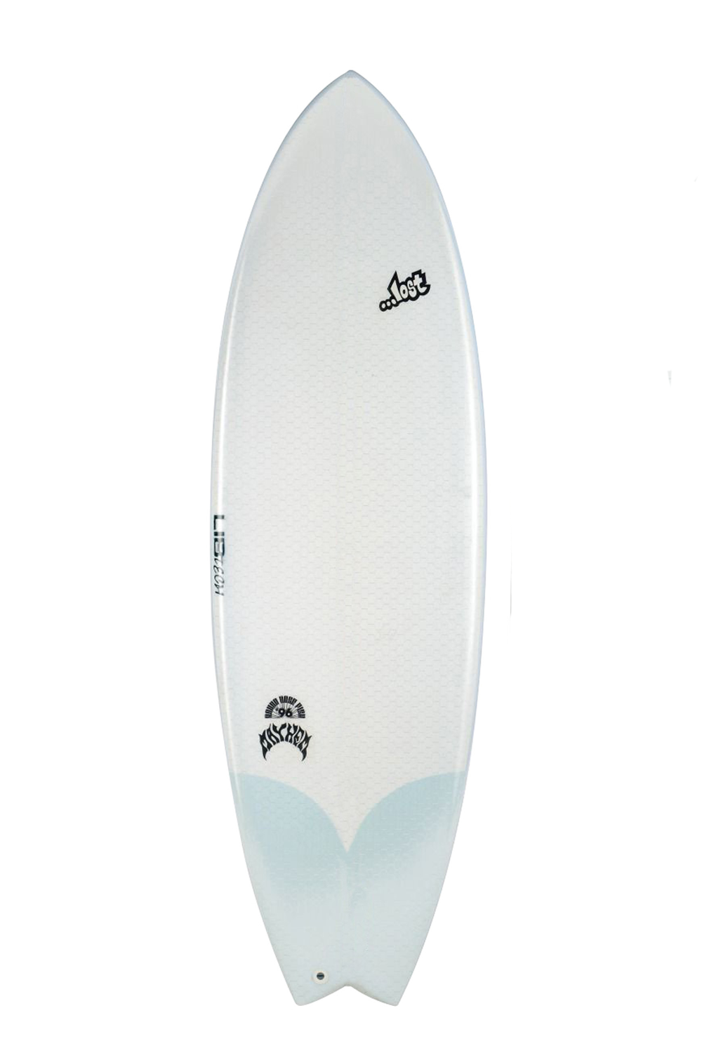 White and light blue Lost Lib Tech round nose fish surfboard