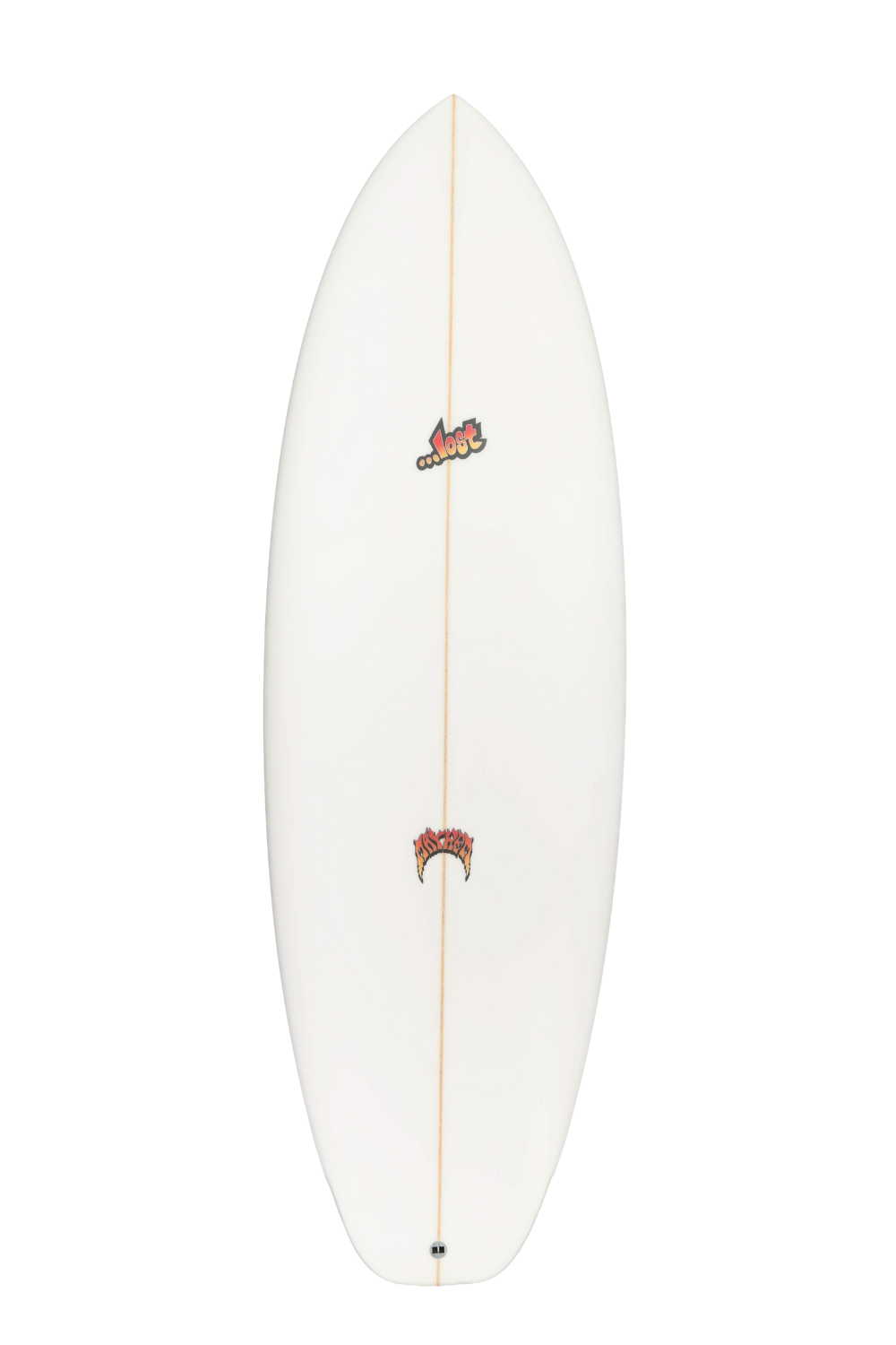 White surfboard with red and black logo on a white background