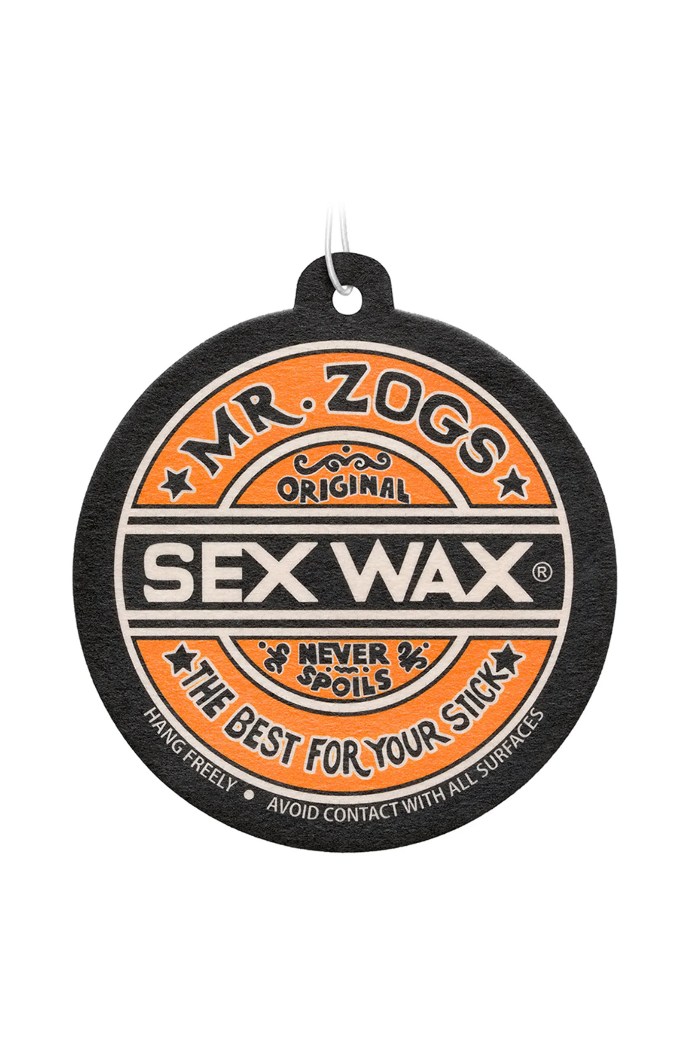 A round Mr. Zogs Sex Wax Orange air freshener featuring a black, orange, and cream design with retro-style text, shown against a plain white background.