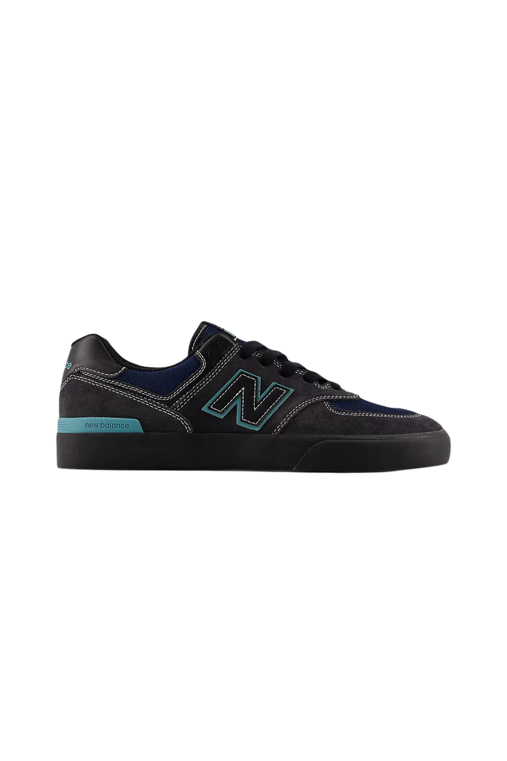Black sneaker with teal detail and black sole on a white background