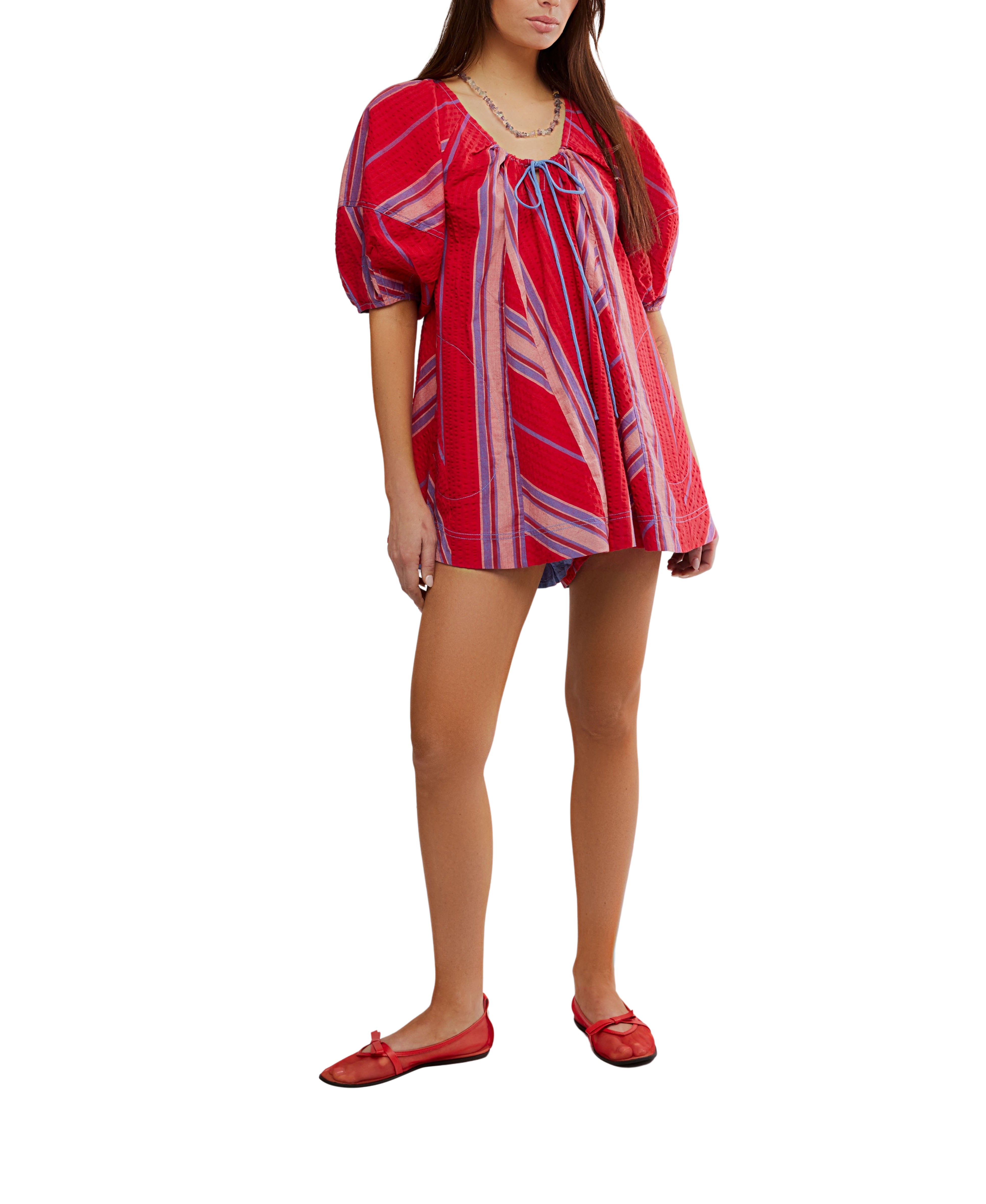 Free People Bop Around Romper Seaside Stripe Red Combo