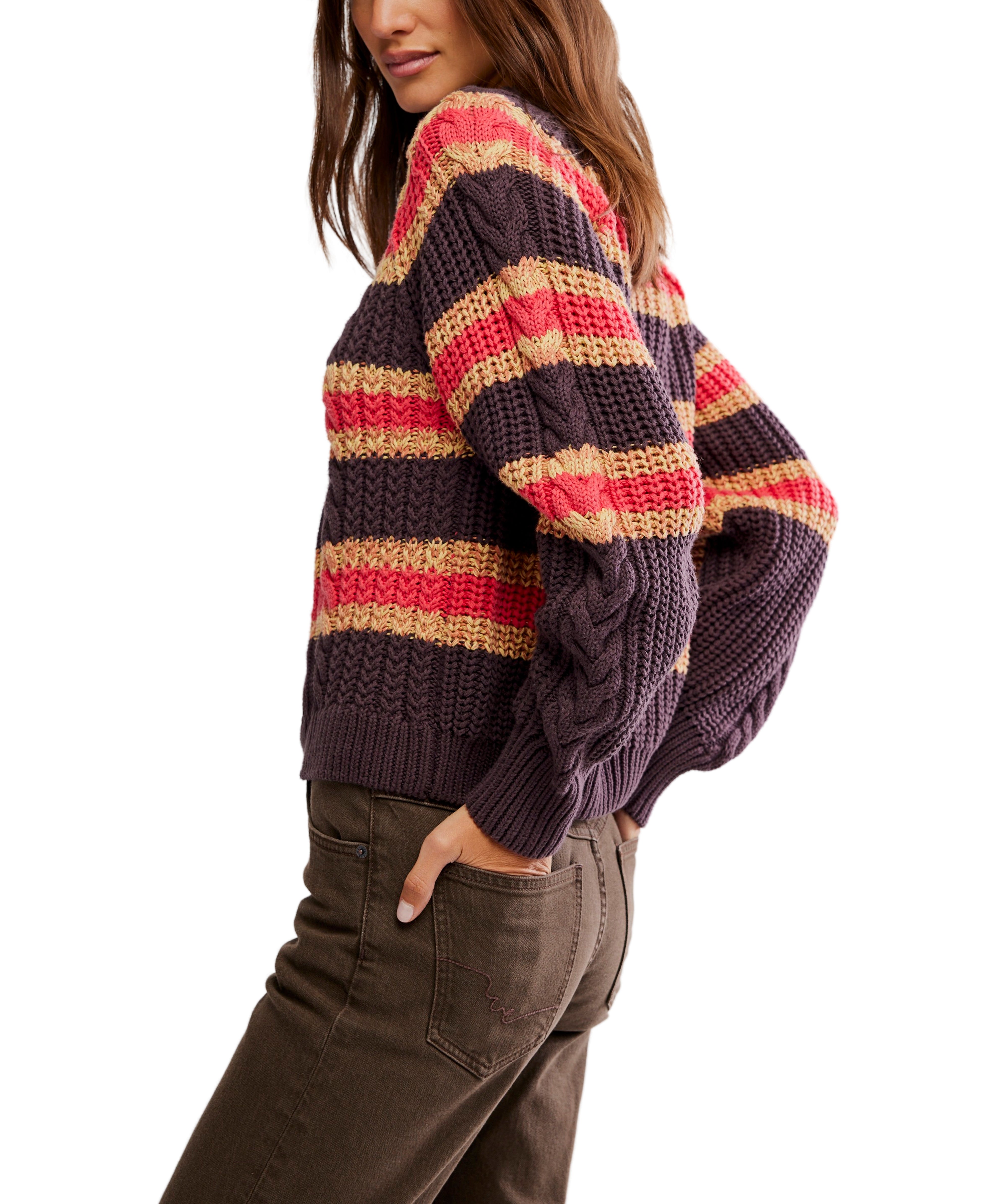 Free People Frankie Cable Striped Pullover Chocolate Combo