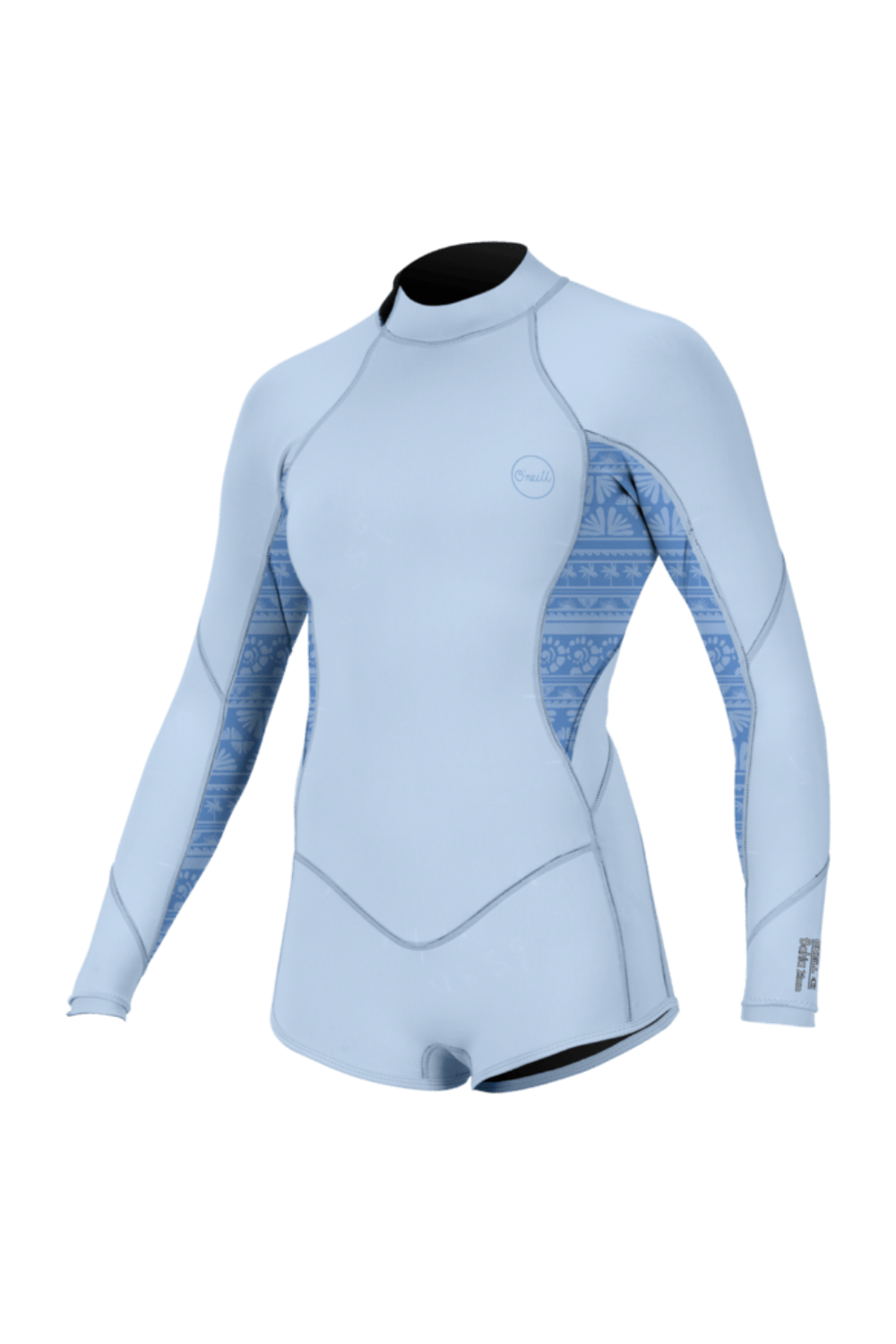 O'Neill Bahia 2/1mm Girls Spring Wetsuit with Long Sleeves and Back Zip in light blue and bue patterned side panels