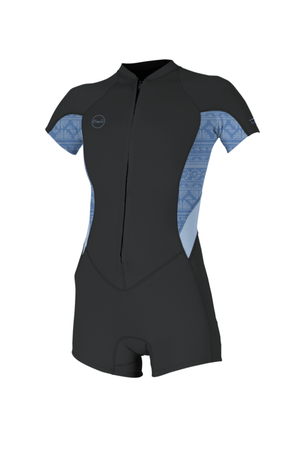 O'Neill Bahia 2/1mm Womens Spring Wetsuit with Short Sleeves and Front Zip in black and blue patterned side panels