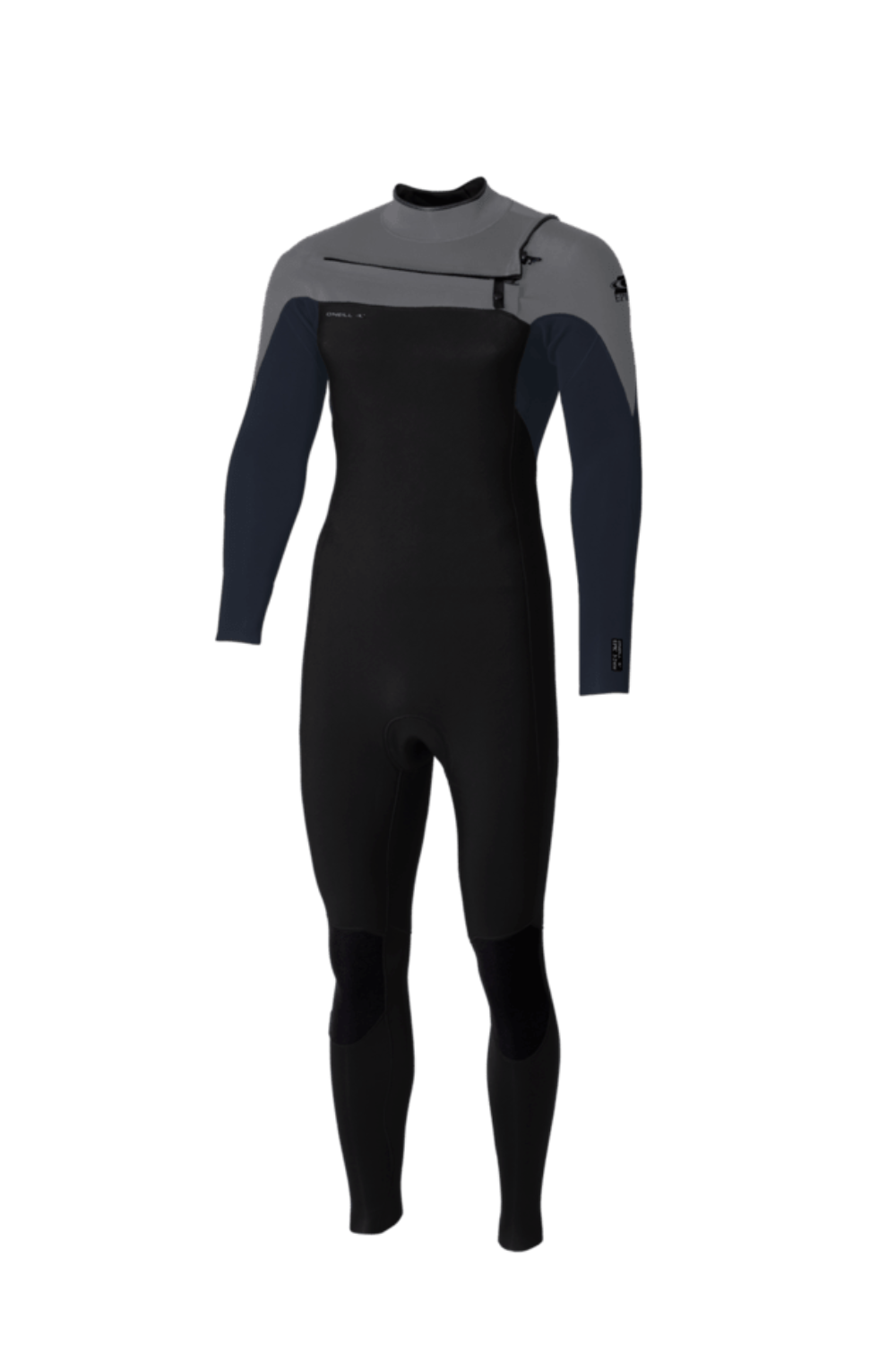 Balck and grey wetsuit on a white backround