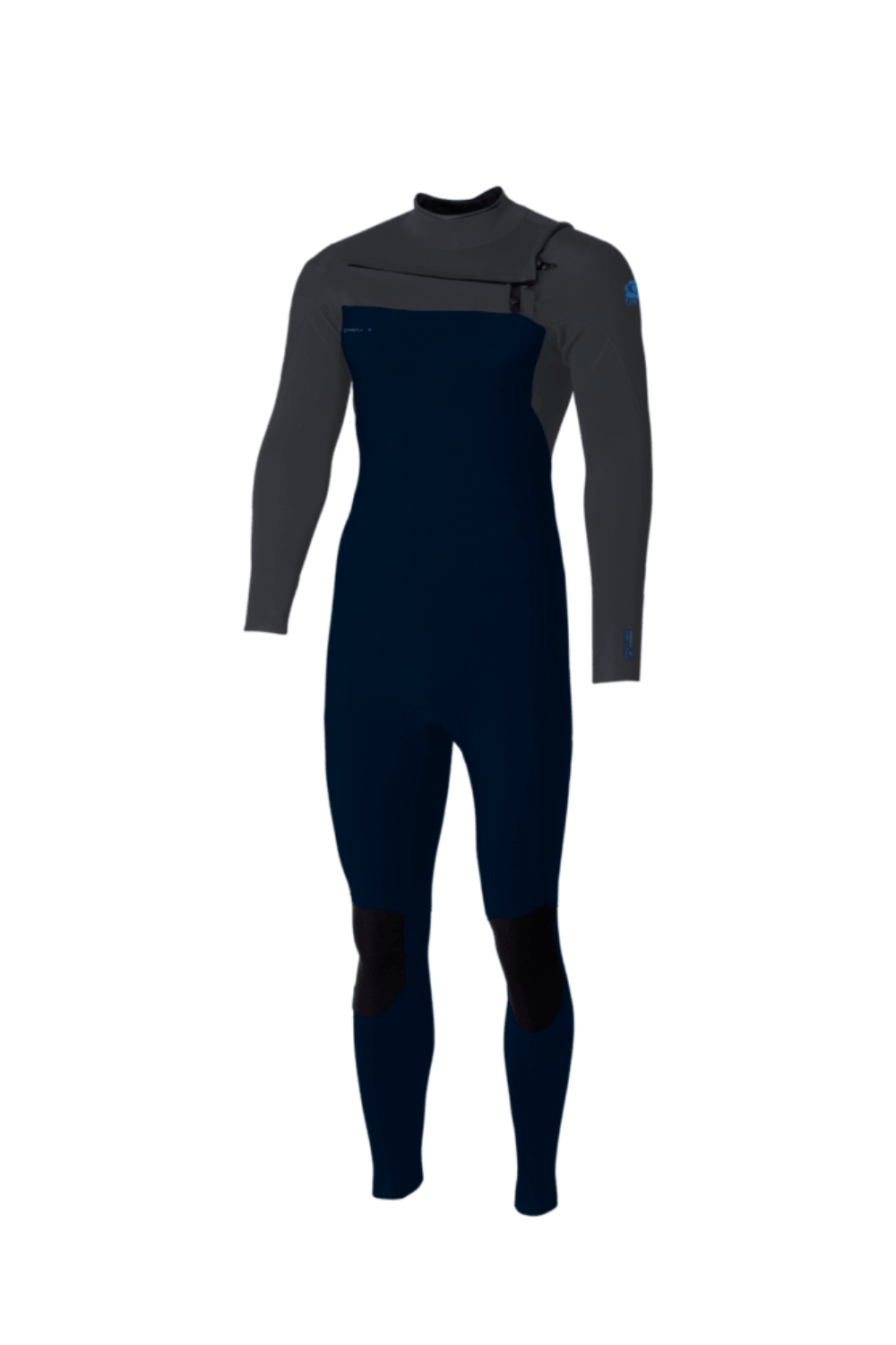 Black and grey O'Neill wetsuit with chest zip on a white background